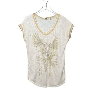 Miss Me Y2K Beaded Floral Angel Wings Womens Scoop Neck Cap Sleeve Slub Tee Sz L